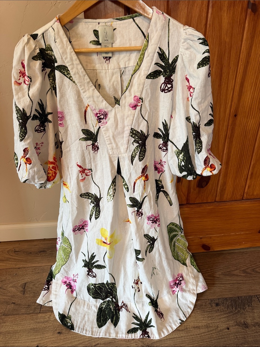 Joie Orchid Botanical Print Linen Puff Sleeve Dress Floral White Boho Size L
